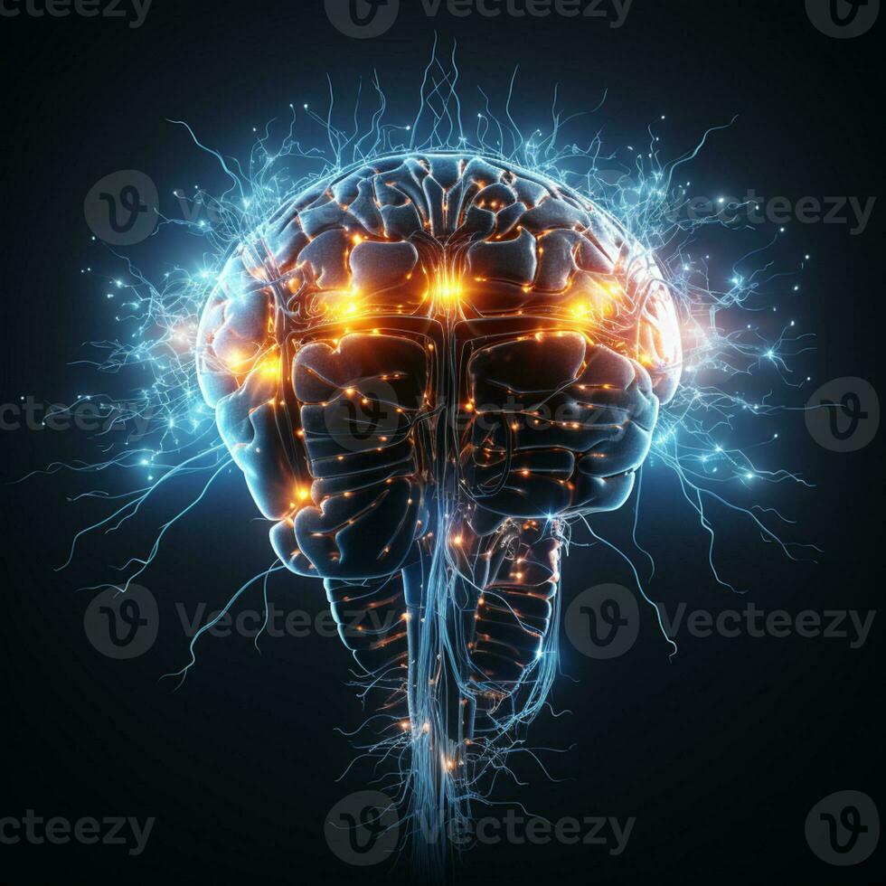 Human brain nervous system and glowing neurons, science concept, AI Generative photo