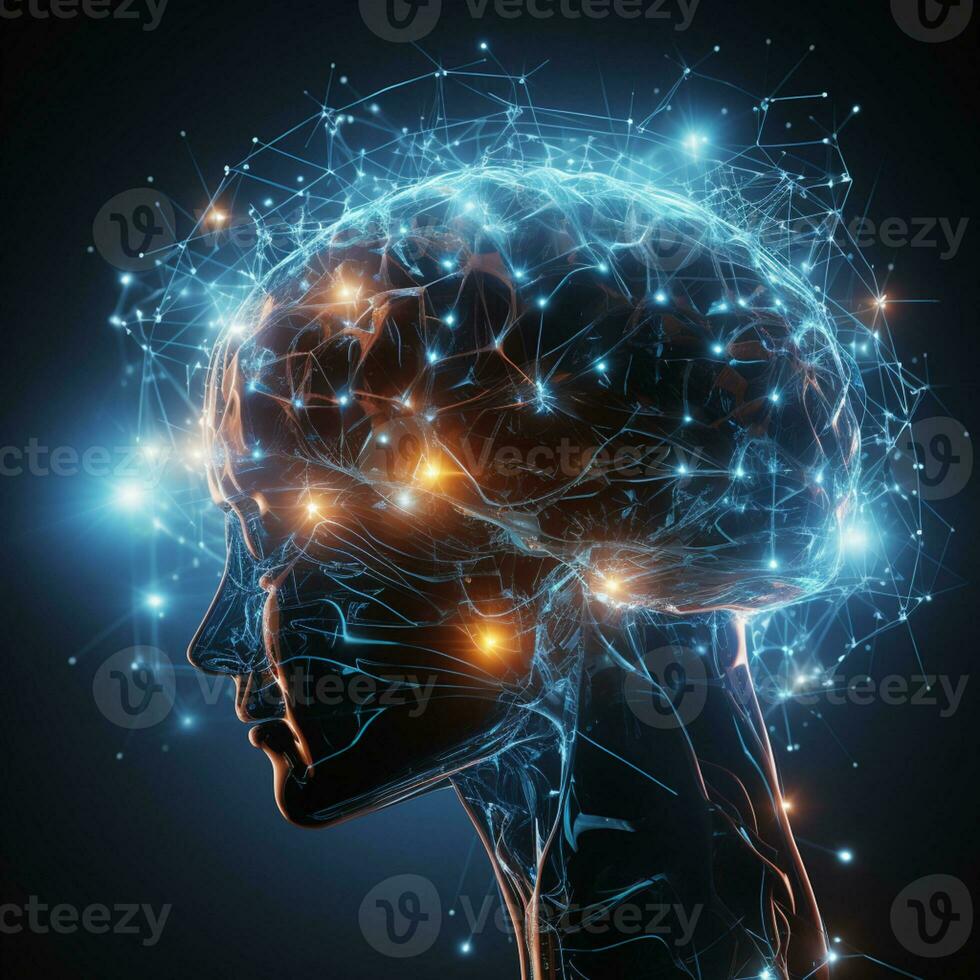 Human brain nervous system and glowing neurons, science concept, AI Generative photo