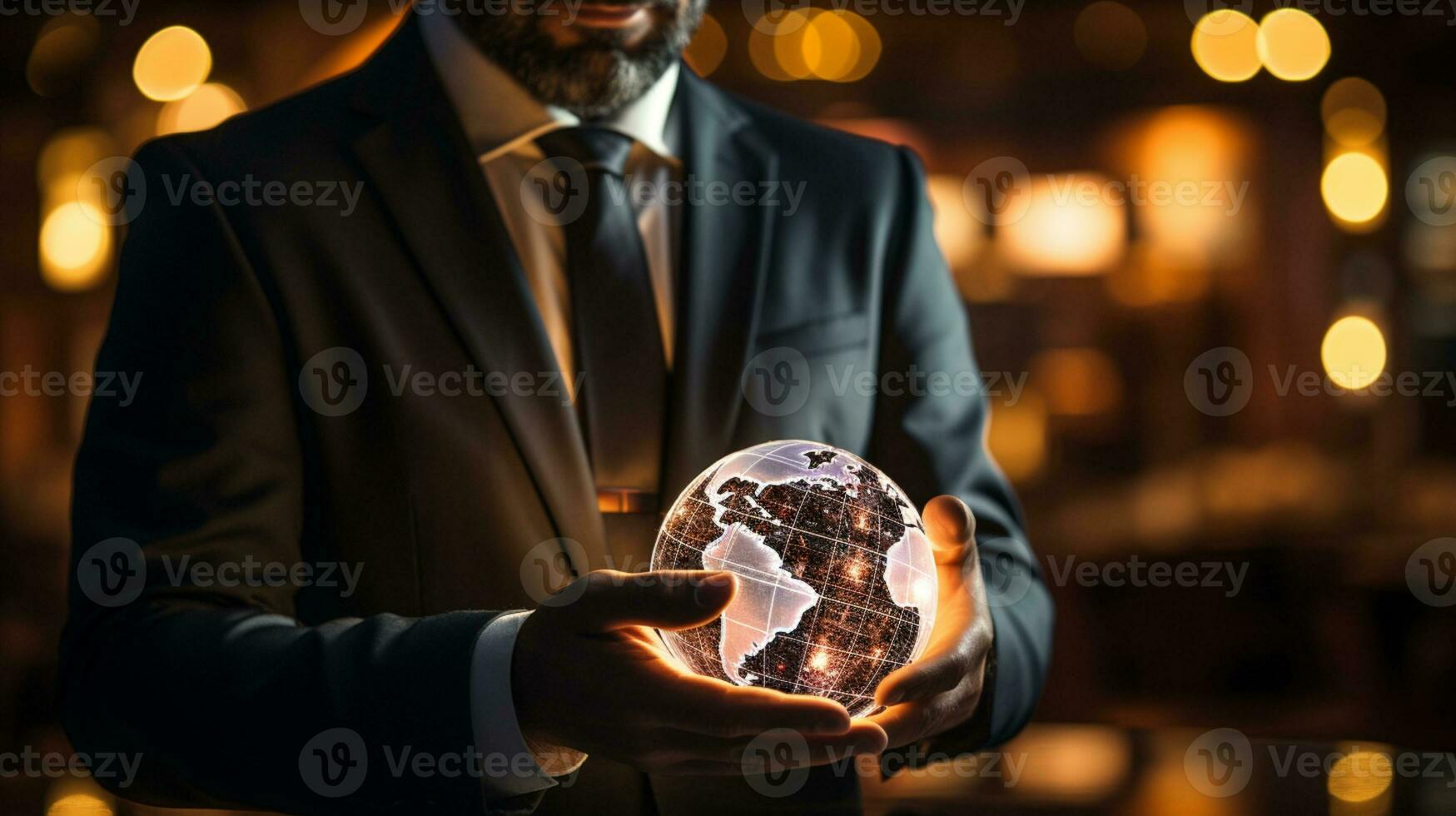 Businessman working with a digital phone or tablet on blurry dark bokeh background,, AI Generative photo