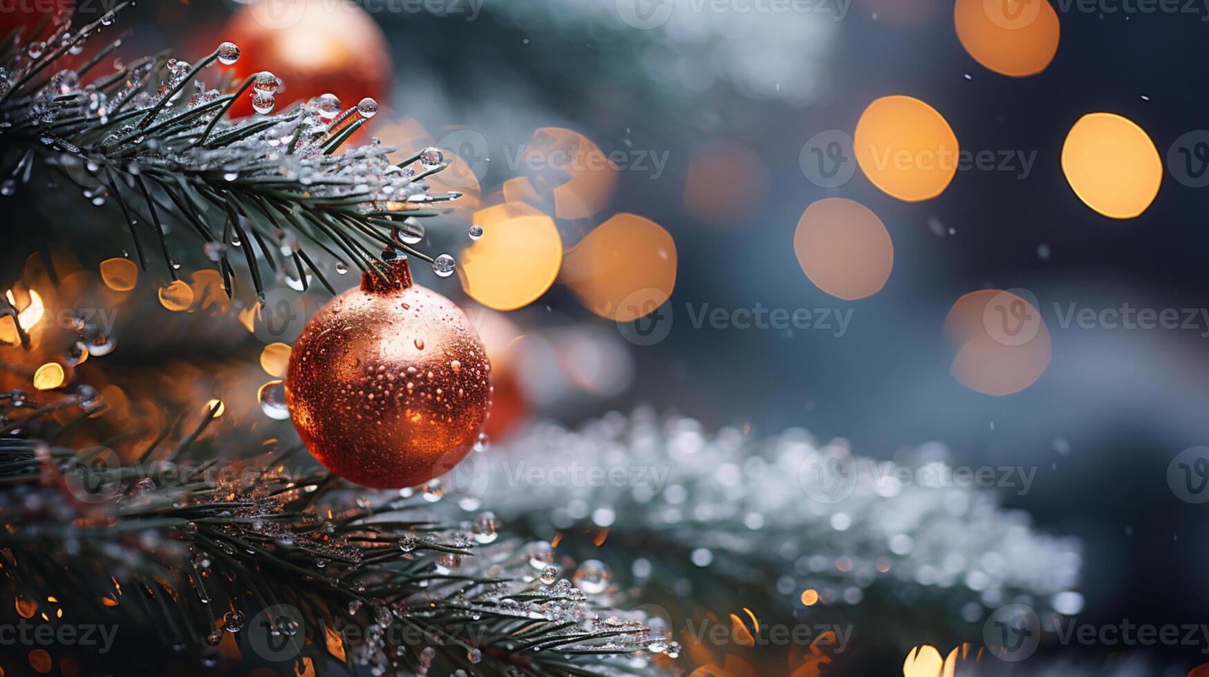 Close up of lighted Christmas tree Ornament, winter holidays decoration, copy Space, greeting card, AI Generative photo