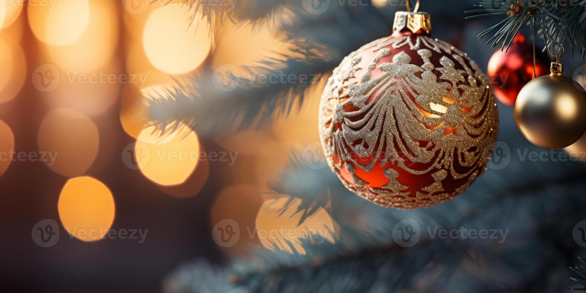 Close up of lighted Christmas tree Ornament, winter holidays decoration, copy Space, greeting card, AI Generative photo