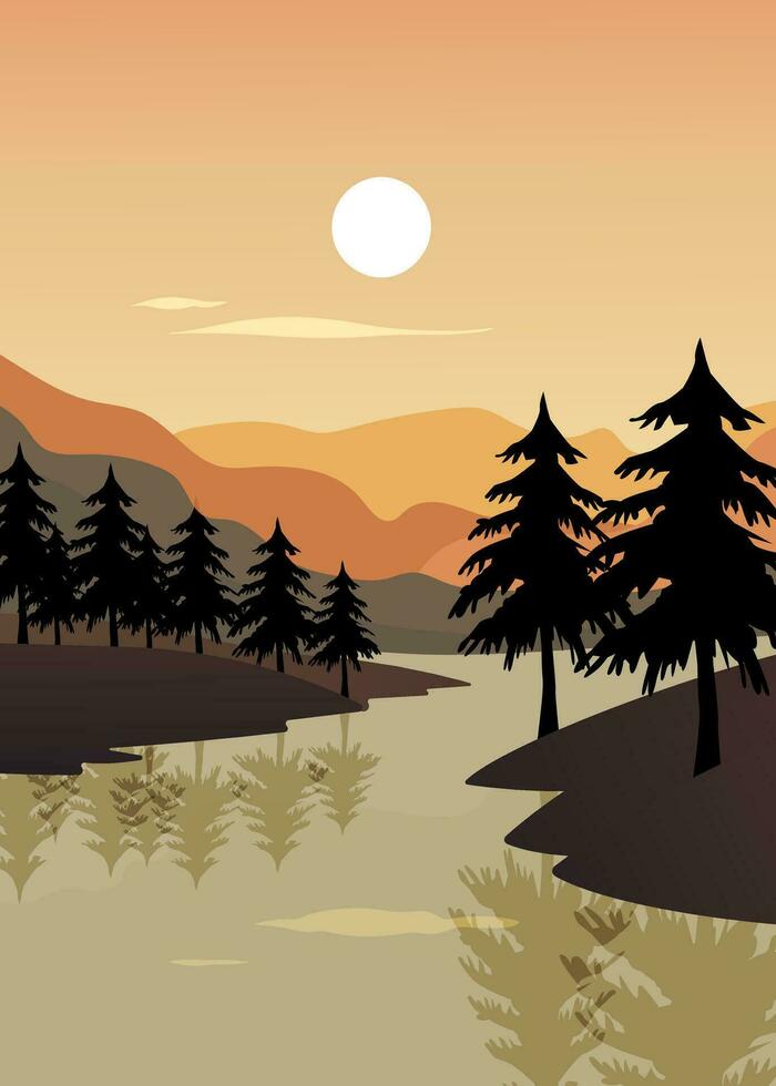 A sunset scene with trees and water vector