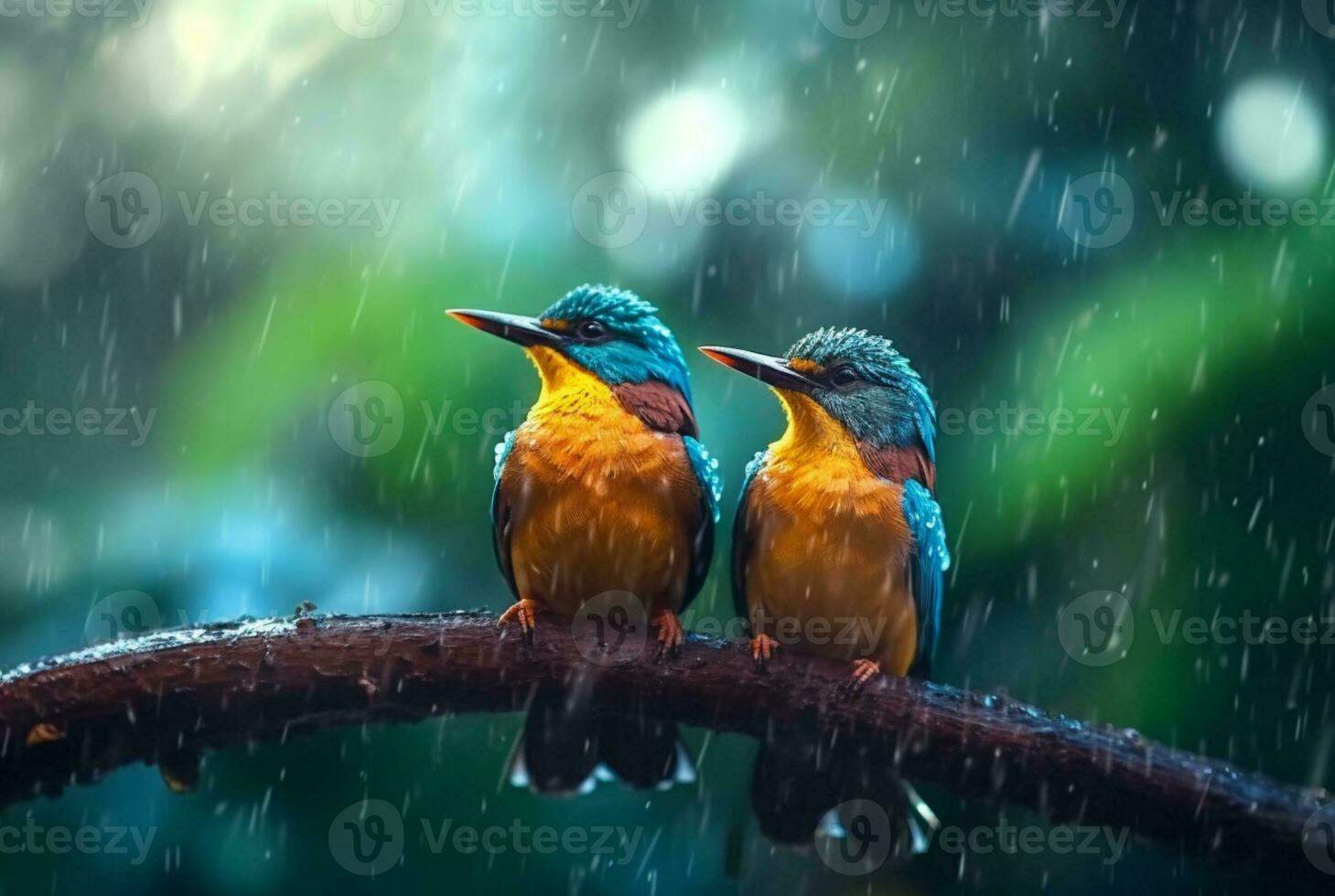 a pair of beautiful birds in the forest with raindrops and nature blurred background. generative ai photo