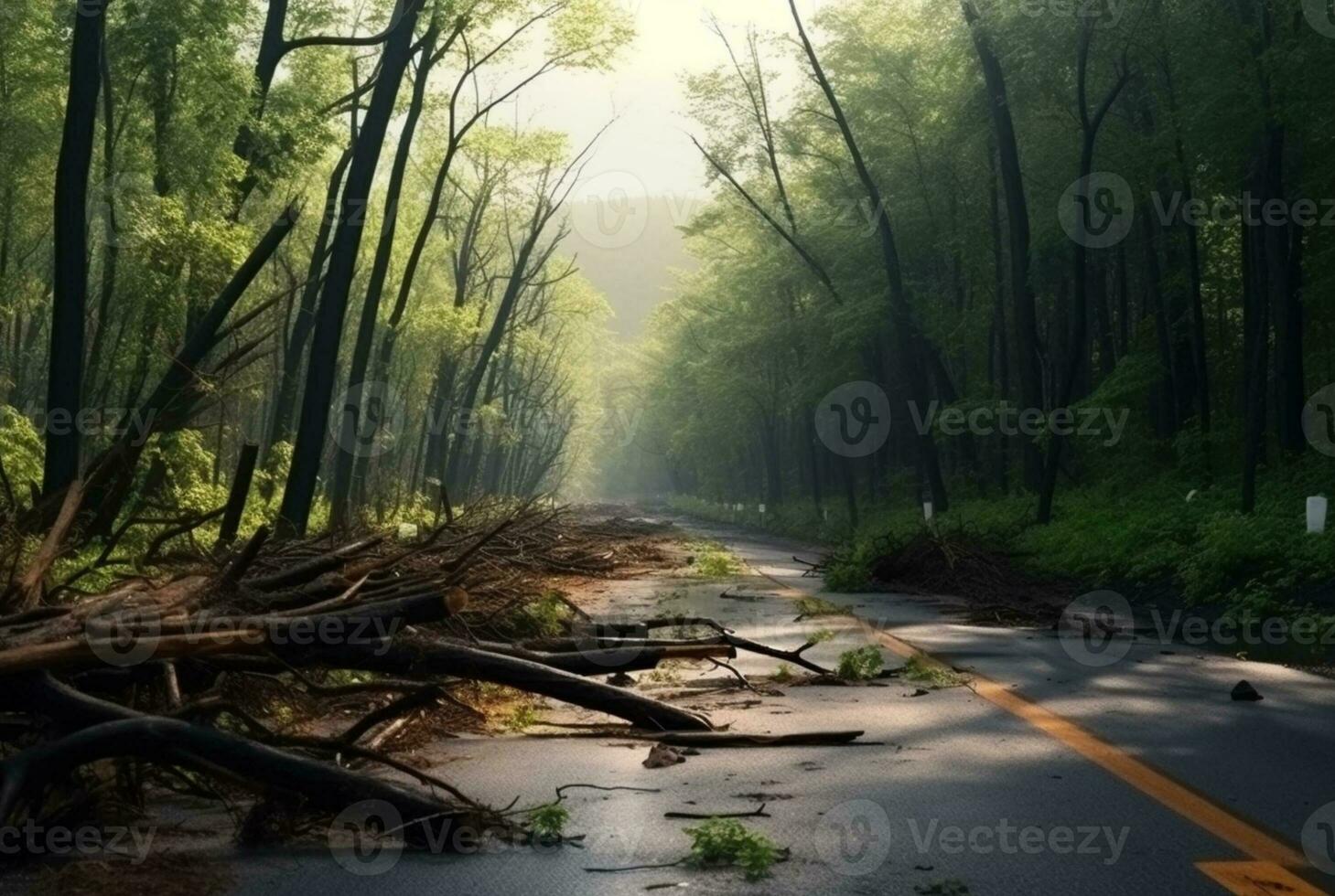 ver de un asfalto la carretera en el medio de un bosque con arboles colapso debido a un natural desastre. generativo ai foto