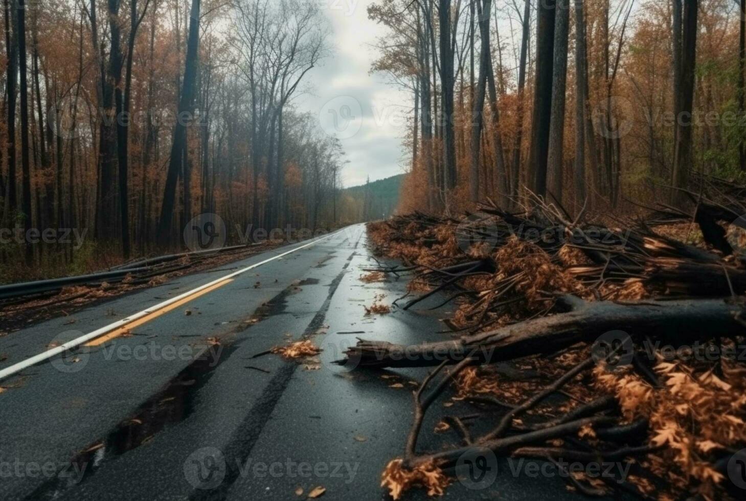 view of an asphalt road in the middle of a forest with trees collapsing due to a natural disaster. generative ai photo