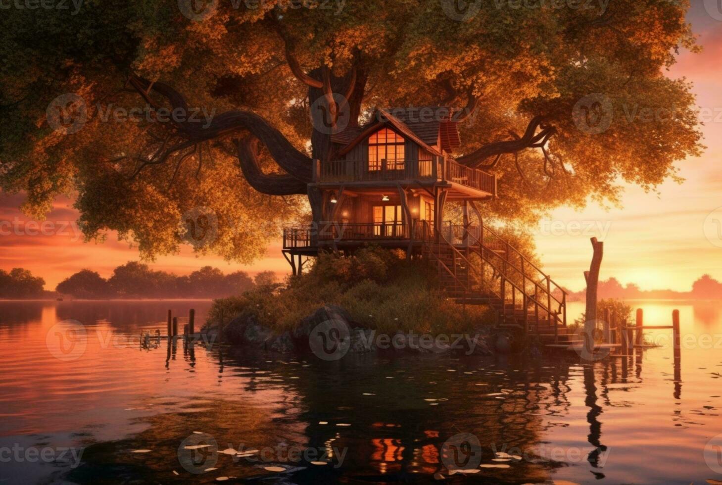 view of tree house on lake with sunset beauty. generative ai photo