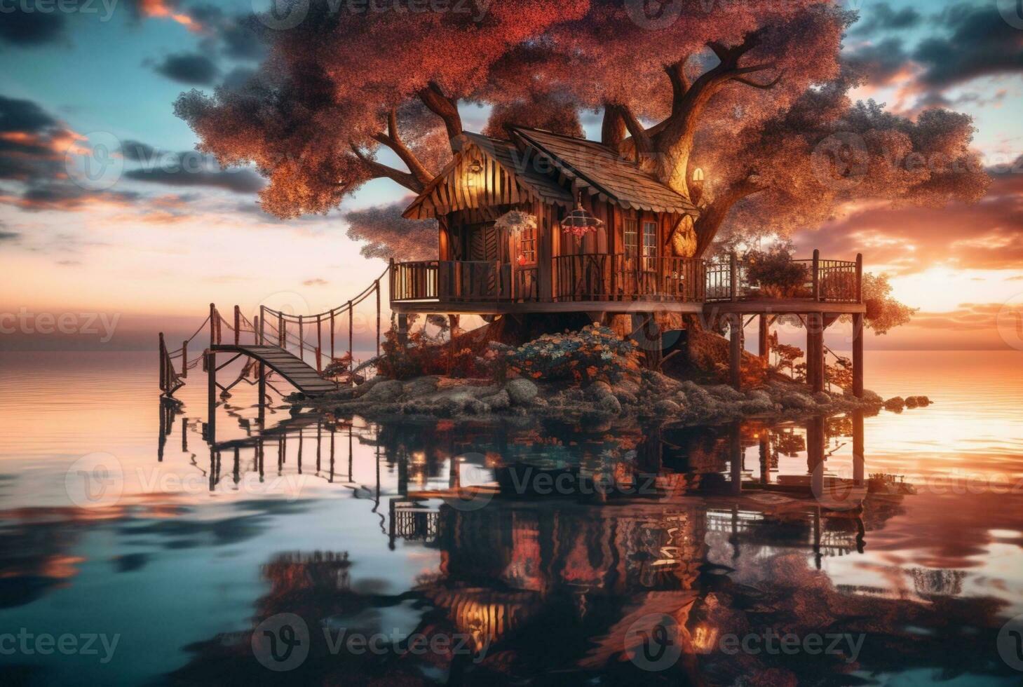 view of tree house on lake with sunset beauty. generative ai photo