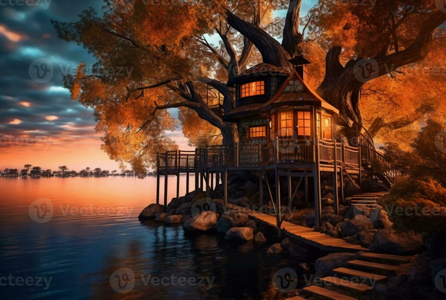 view of tree house on lake with sunset beauty. generative ai photo
