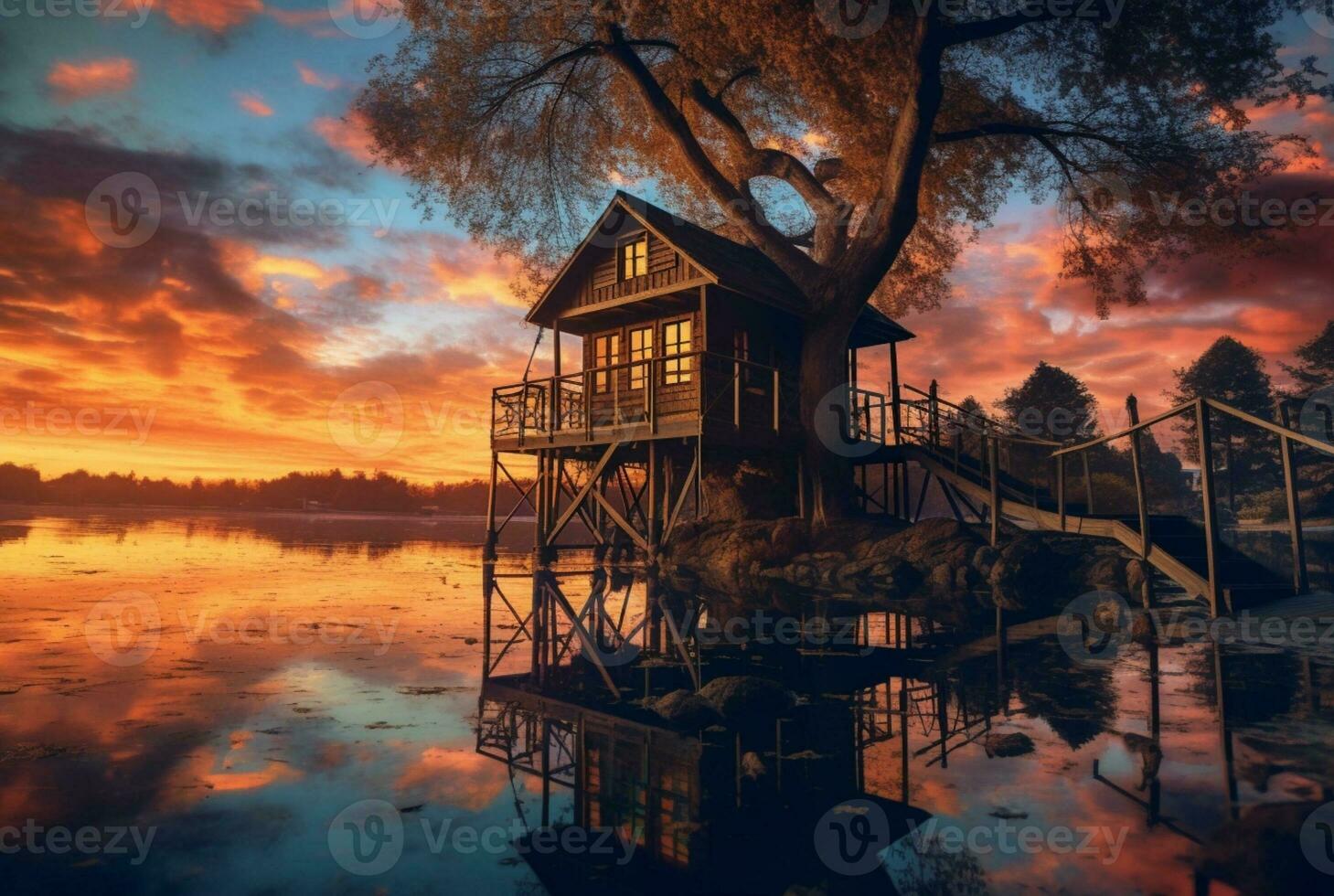 view of tree house on lake with sunset beauty. generative ai photo