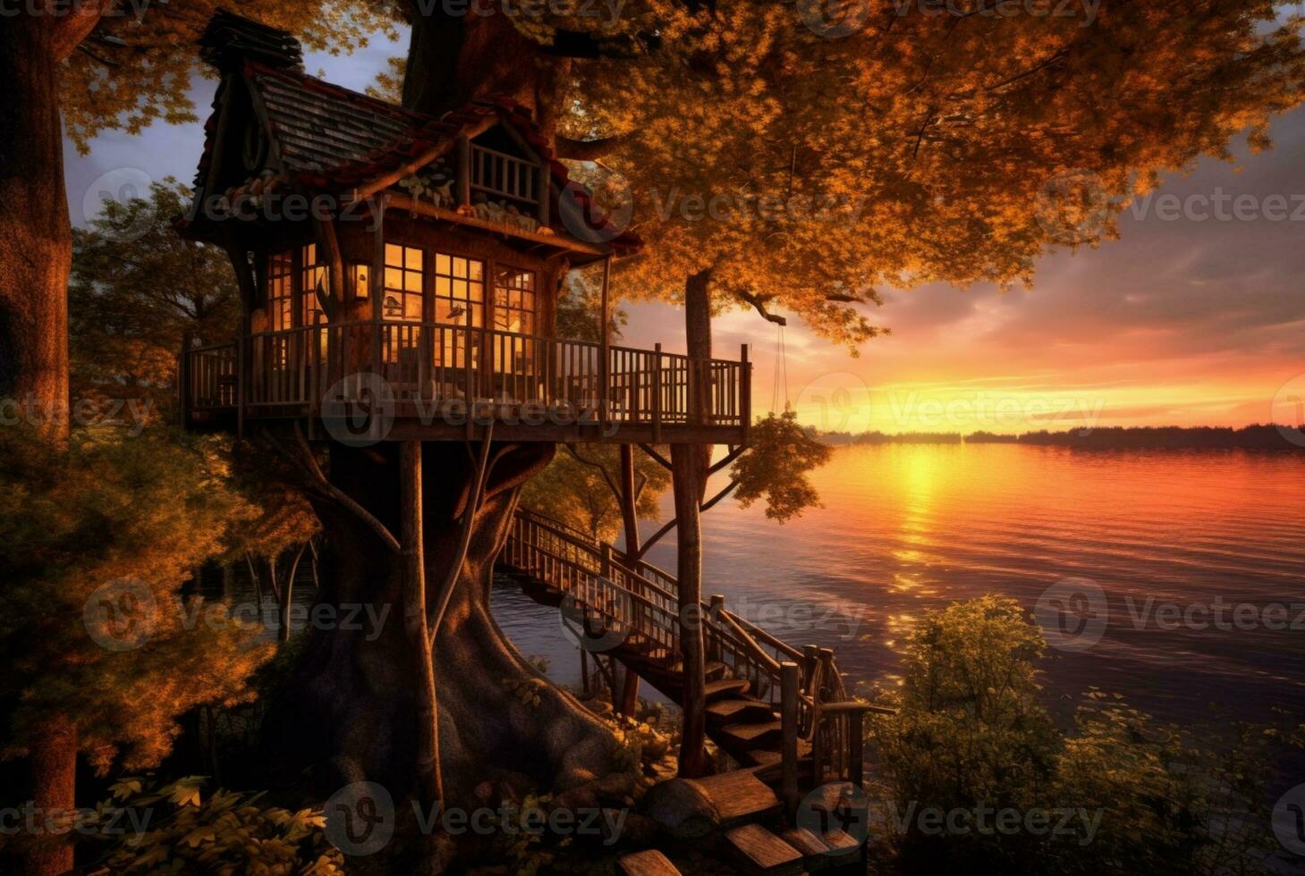 view of tree house on lake with sunset beauty. generative ai photo