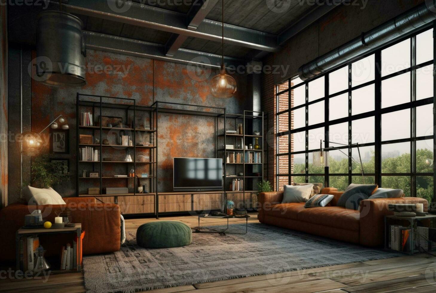 interior diseño de vivo habitación en industrial estilo con grande ventanas decorado con concreto. generativo ai foto