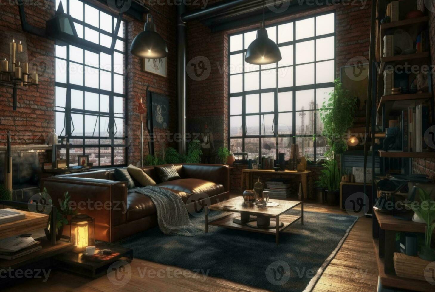 Interior design of Living Room in Industrial style with Large Windows decorated with Concrete. generative ai photo