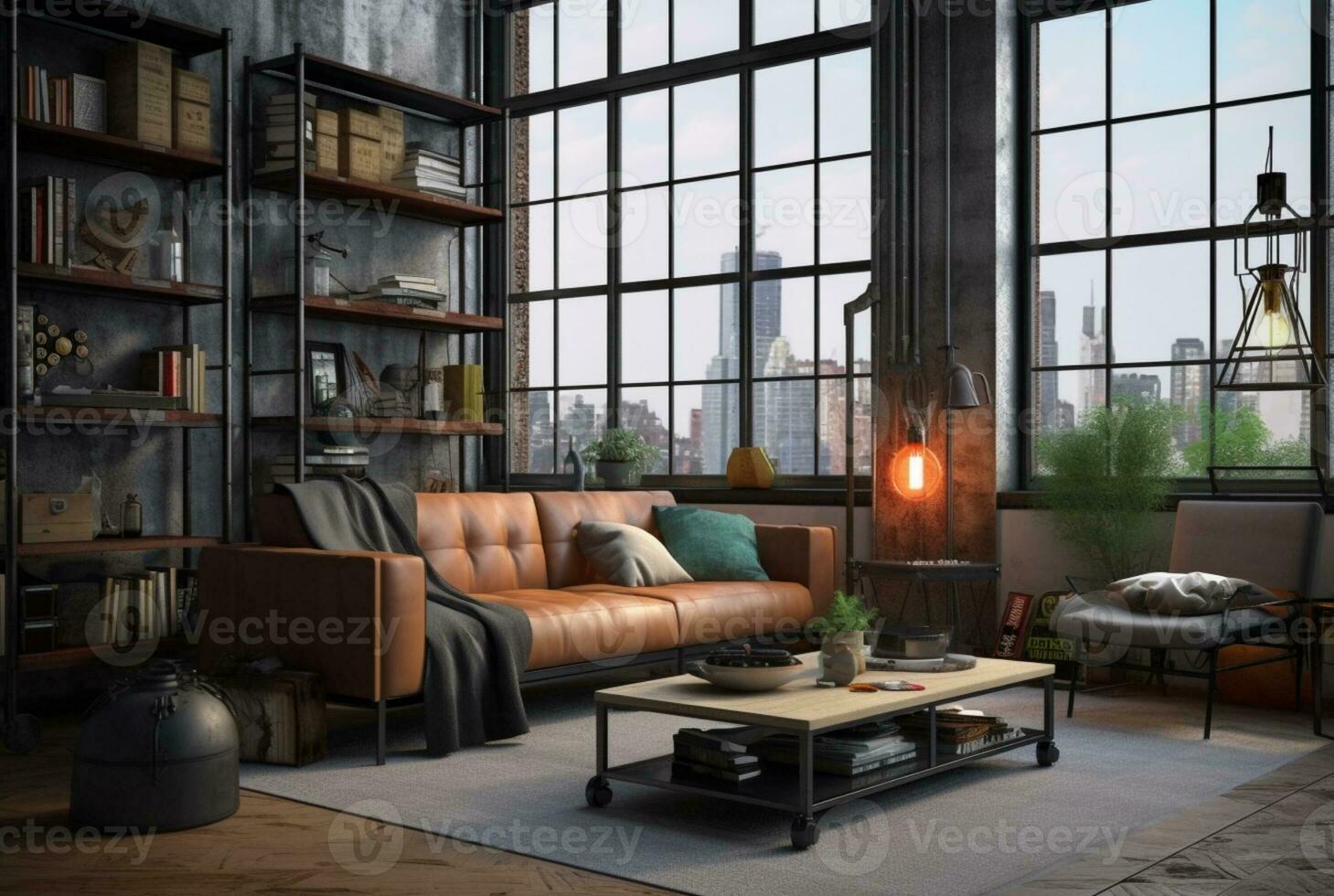 Interior design of Living Room in Industrial style with Large Windows decorated with Concrete. generative ai photo