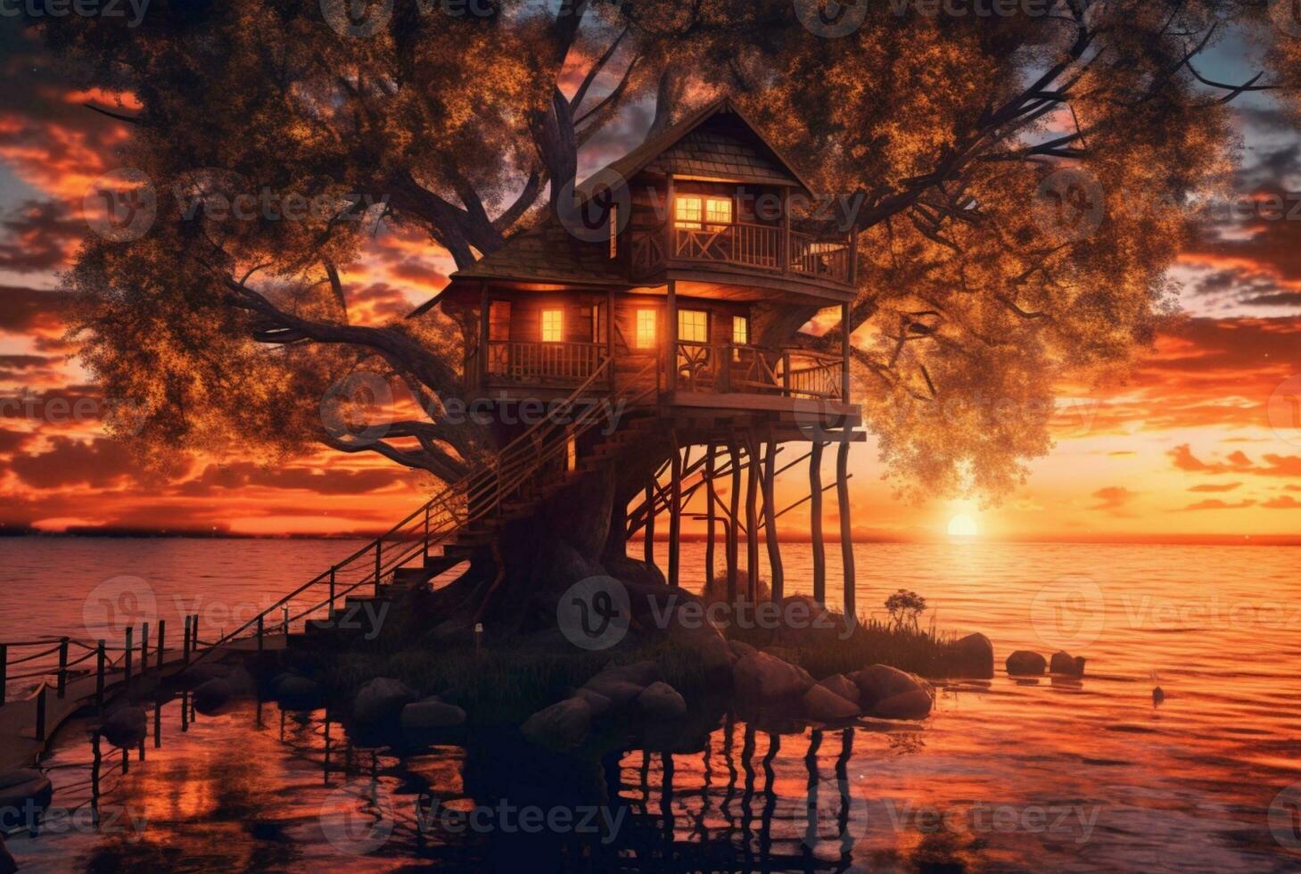 view of tree house on lake with sunset beauty. generative ai photo