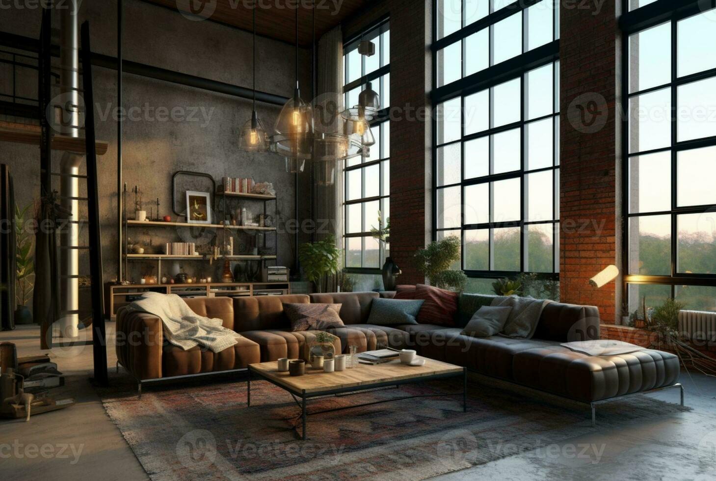 Interior design of Living Room in Industrial style with Large Windows decorated with Concrete. generative ai photo