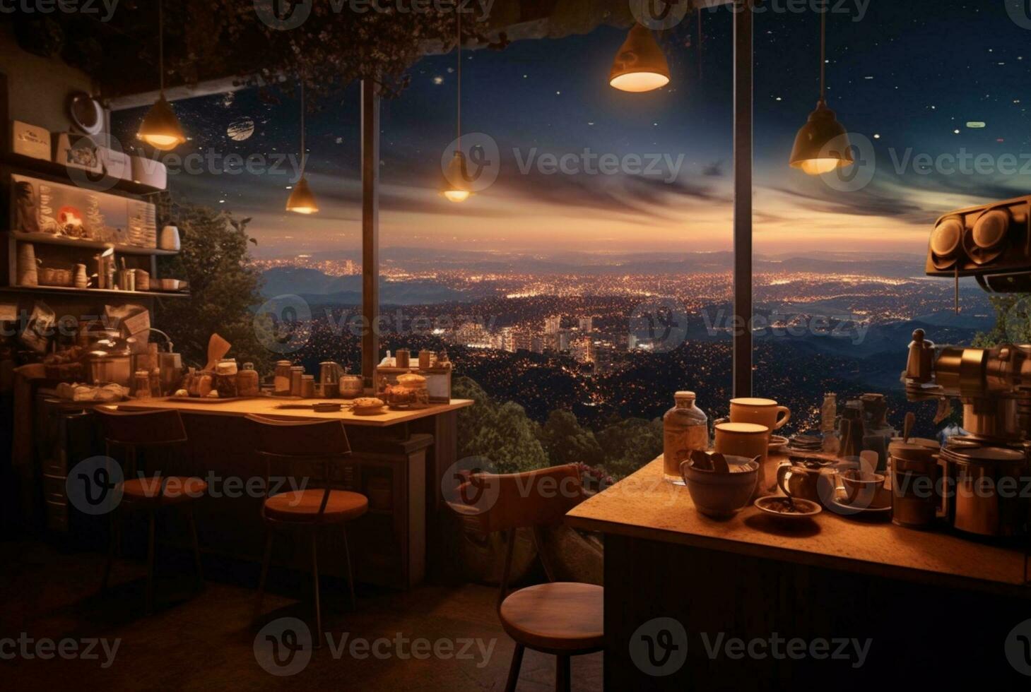 a coffee shop on a hill with views of urban lights at night. generative ai photo