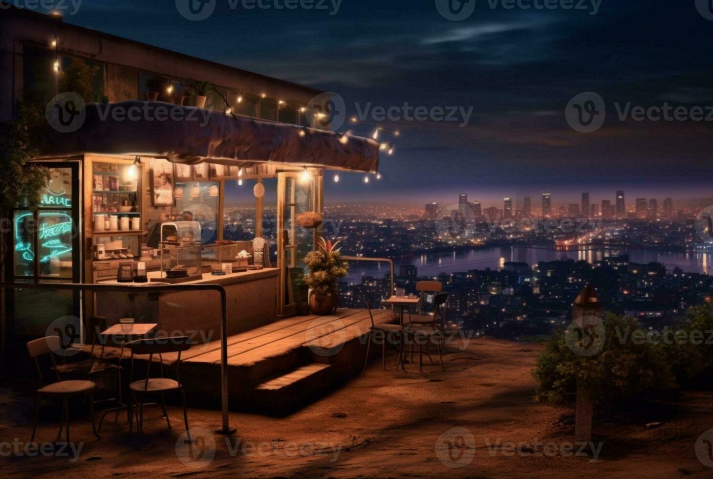 a coffee shop on a hill with views of urban lights at night. generative ai photo