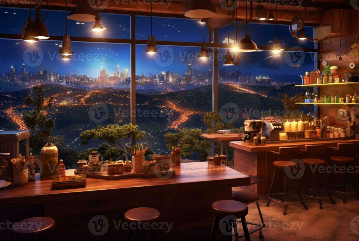 a coffee shop on a hill with views of urban lights at night. generative ai photo
