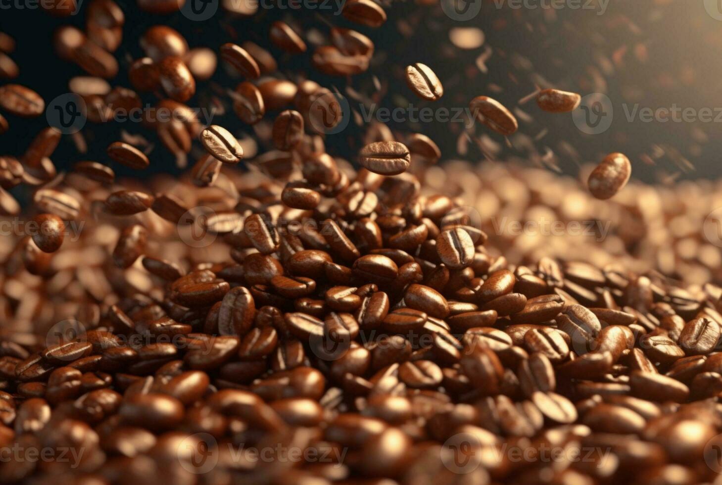 Flying coffee beans background. Closeup brown coffee bean banner. generative ai photo