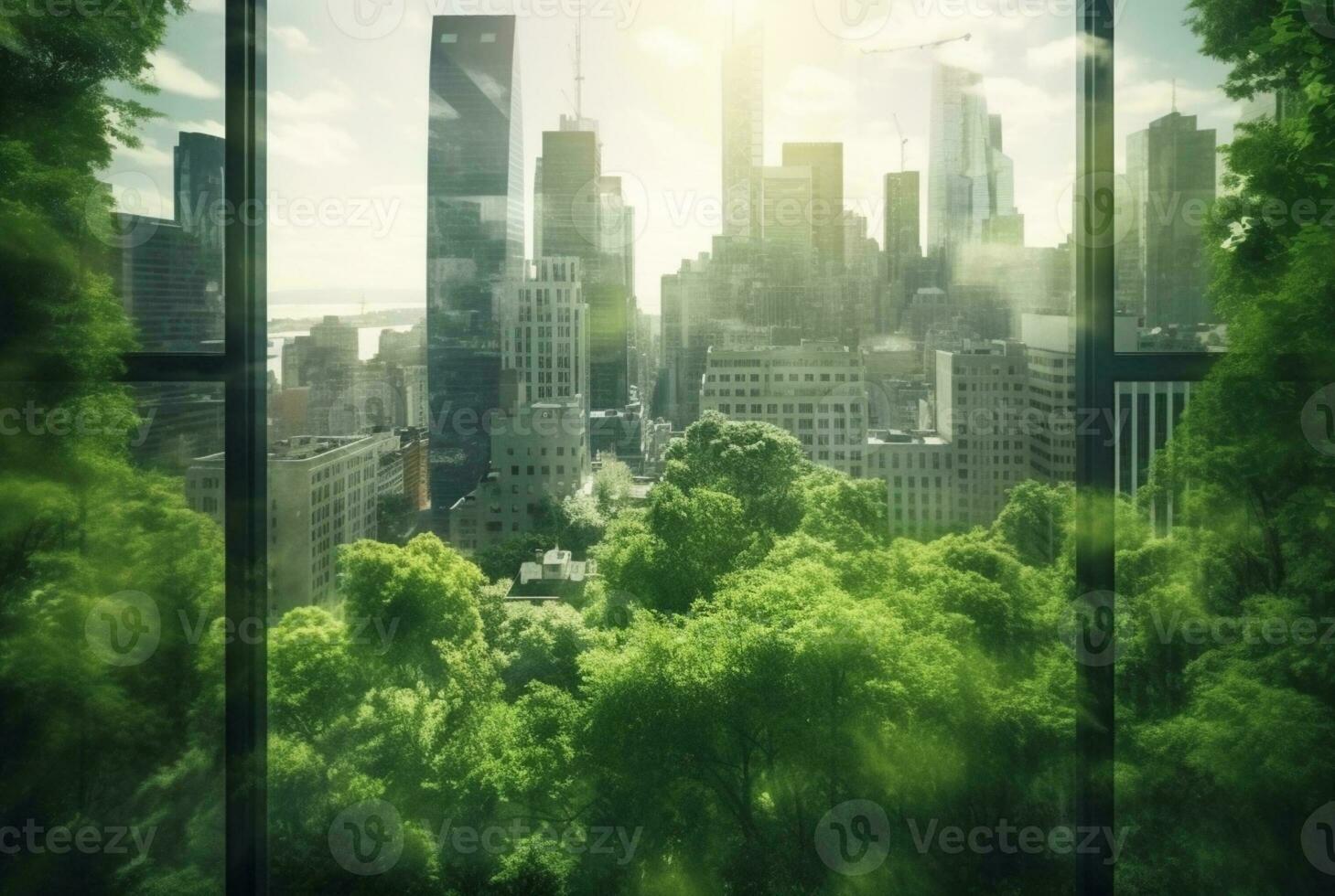 green city,double exposure of lush green forest and modern skyscrapers windows. generative ai photo