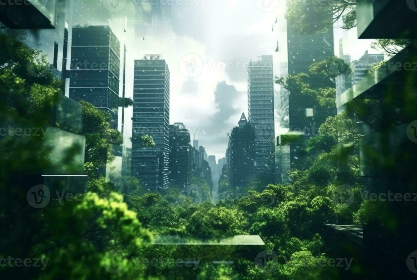 green city,double exposure of lush green forest and modern skyscrapers windows. generative ai photo