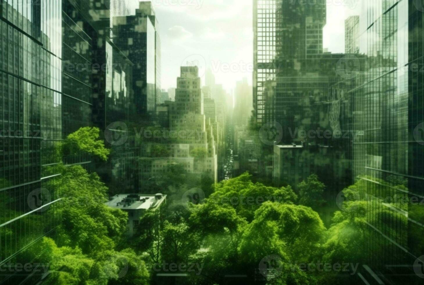 green city,double exposure of lush green forest and modern skyscrapers windows. generative ai photo