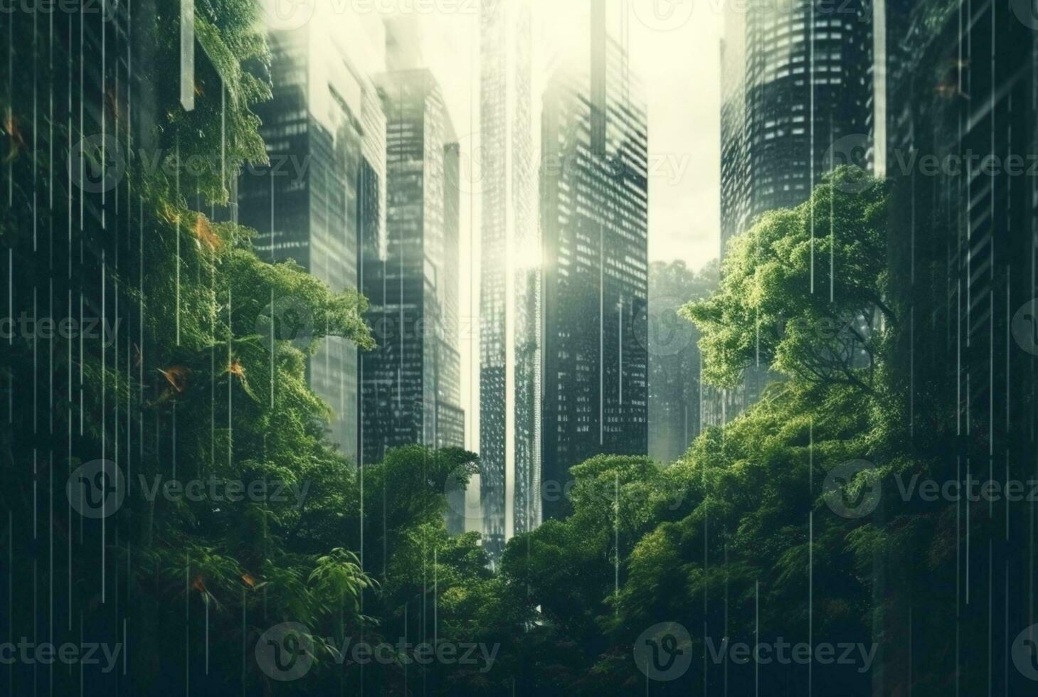 green city,double exposure of lush green forest and modern skyscrapers windows. generative ai photo