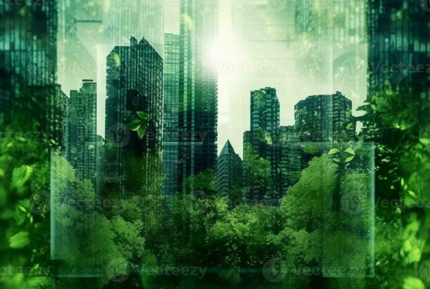 verde ciudad, doble exposición de lozano verde bosque y moderno rascacielos ventanas generativo ai foto