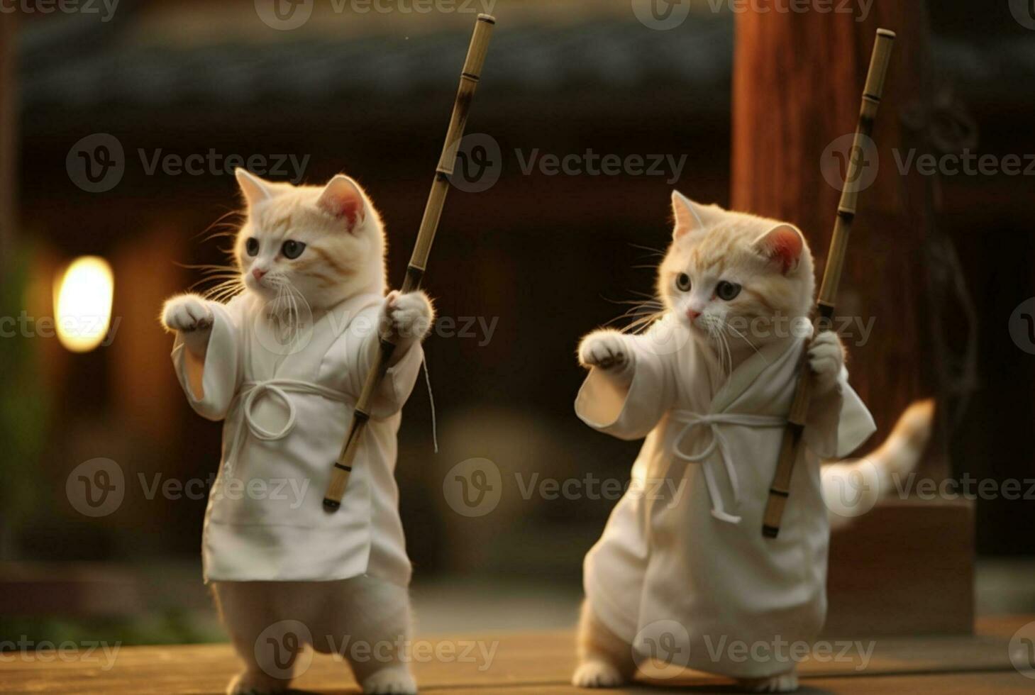 a pair of cats wearing martial armor. is practicing martial arts kung fu by playing stick. generative ai photo