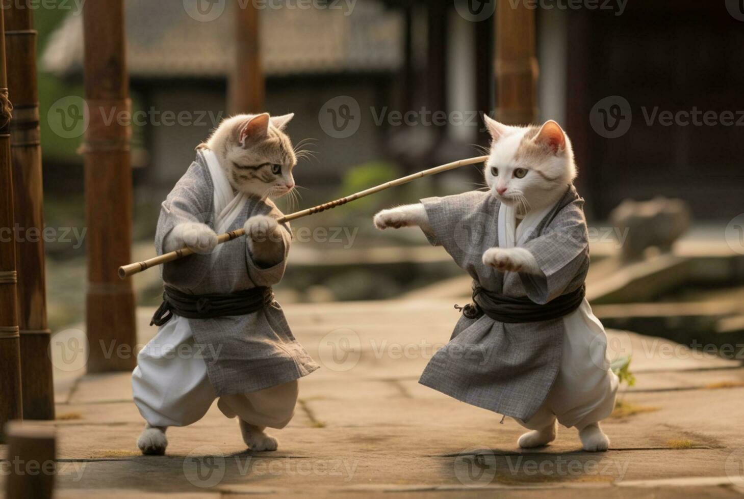 a pair of cats wearing martial armor. is practicing martial arts kung fu by playing stick. generative ai photo