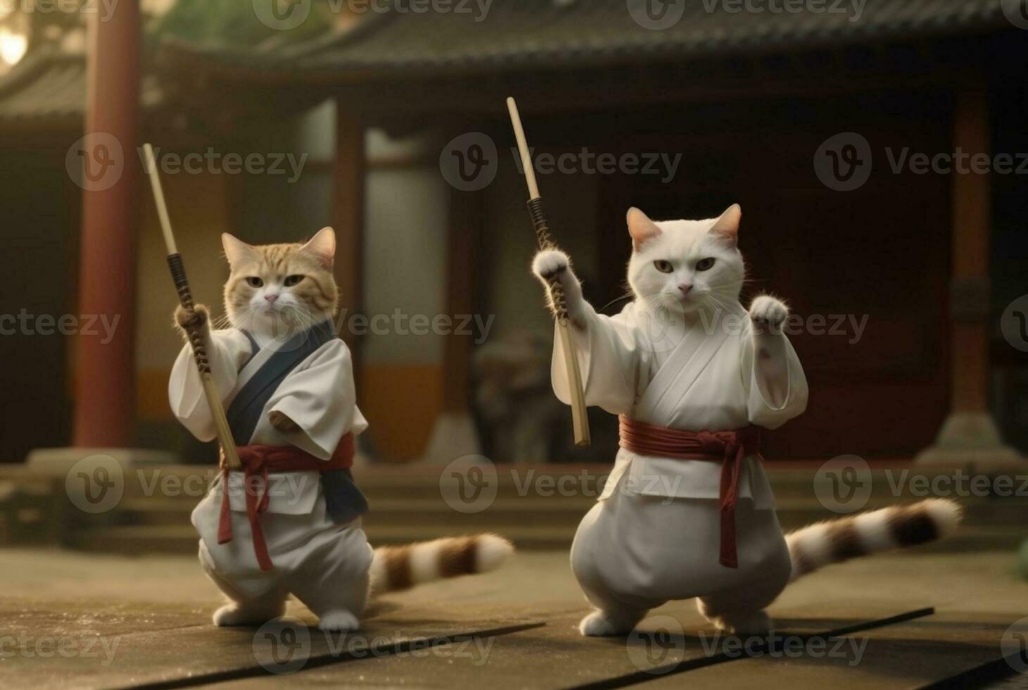 un par de gatos vistiendo marcial armadura. es practicando marcial letras kung fu por jugando palo. generativo ai foto