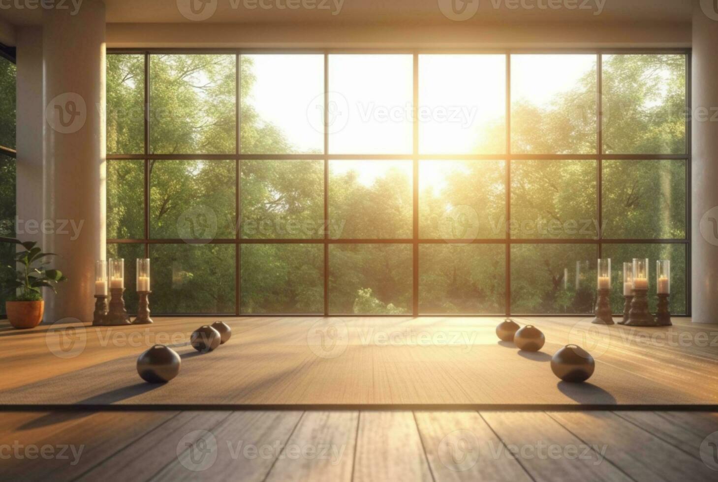 empty zen room or yoga studio with nature view from window and burning candles on floor. generative ai photo