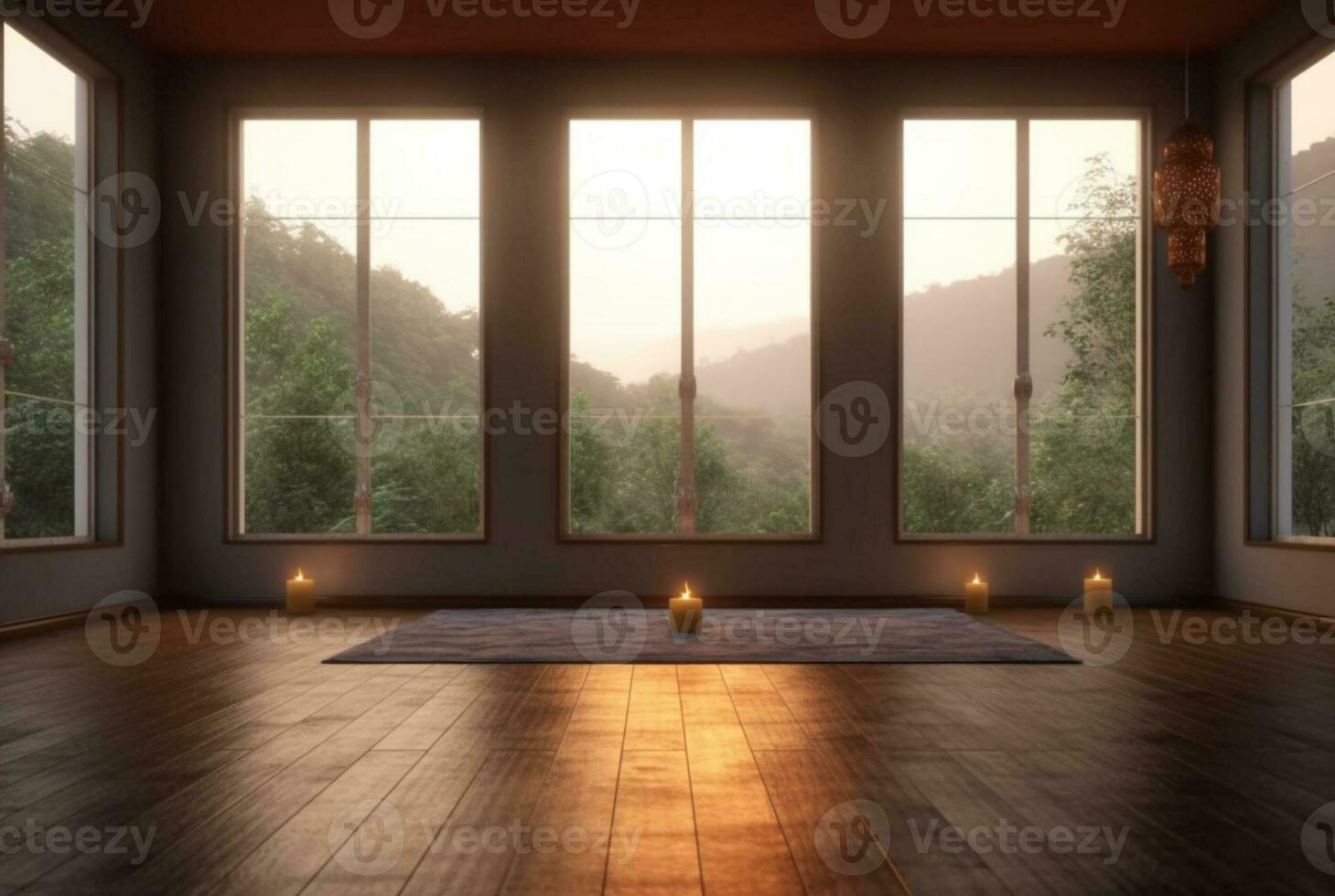 empty zen room or yoga studio with nature view from window and burning candles on floor. generative ai photo