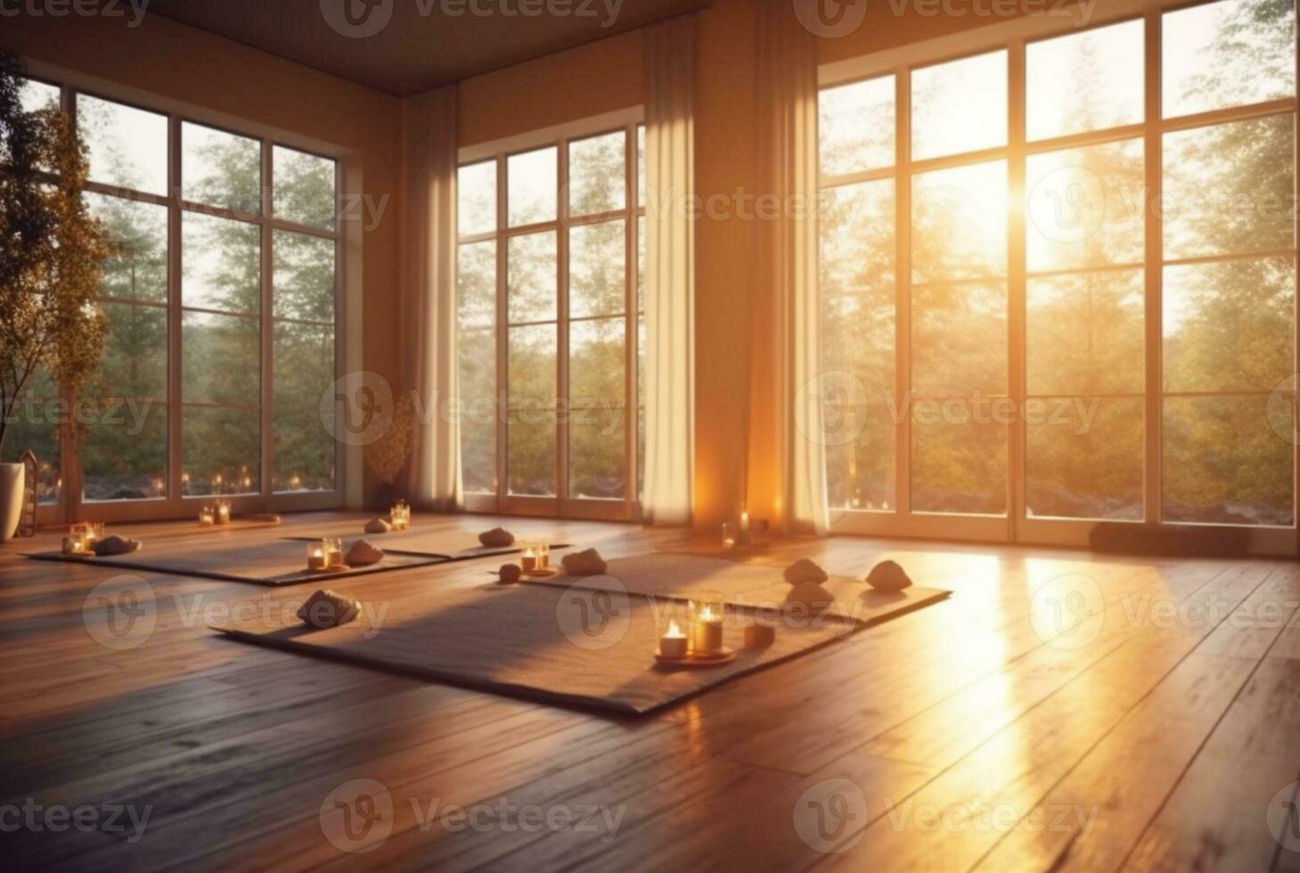 empty zen room or yoga studio with nature view from window and burning candles on floor. generative ai photo