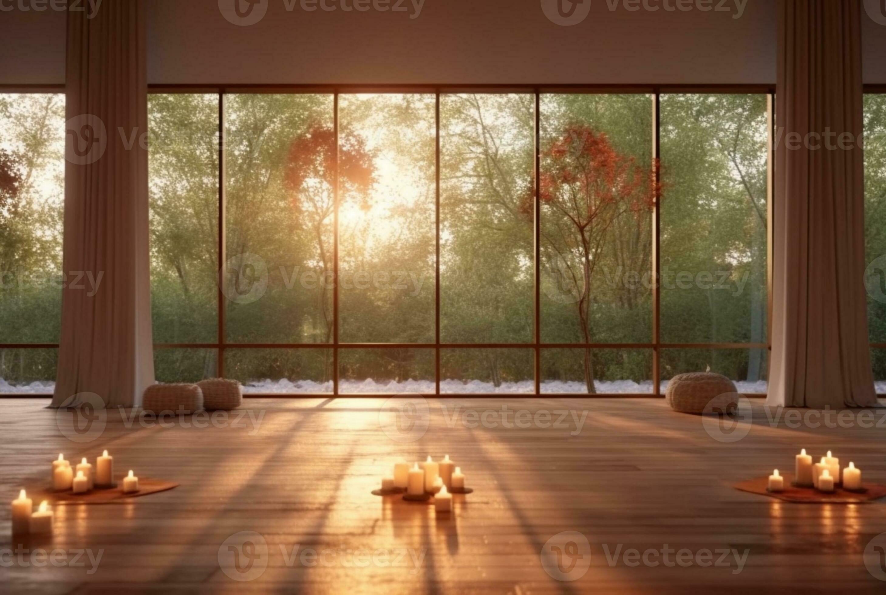 empty zen room or yoga studio with nature view from window and burning  candles on floor. generative ai 30452258 Stock Photo at Vecteezy