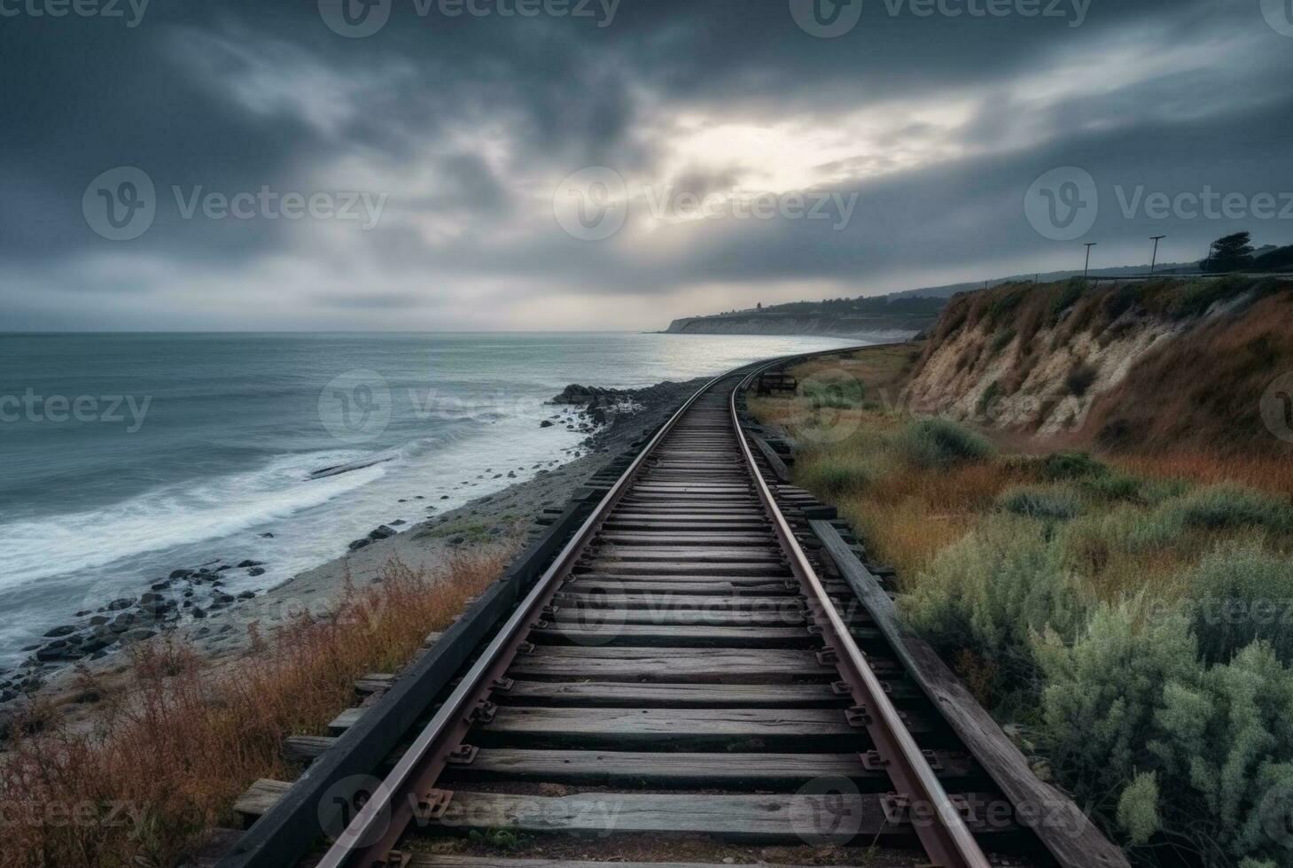 view of railroad tracks with beach. generative ai photo