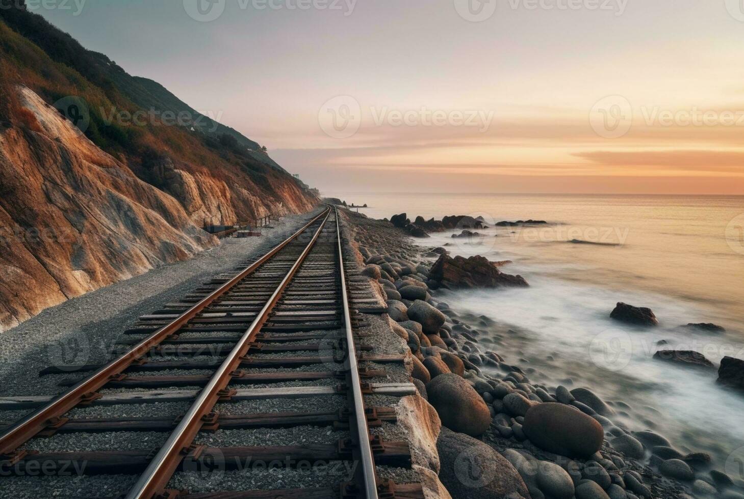 view of railroad tracks with beach. generative ai photo