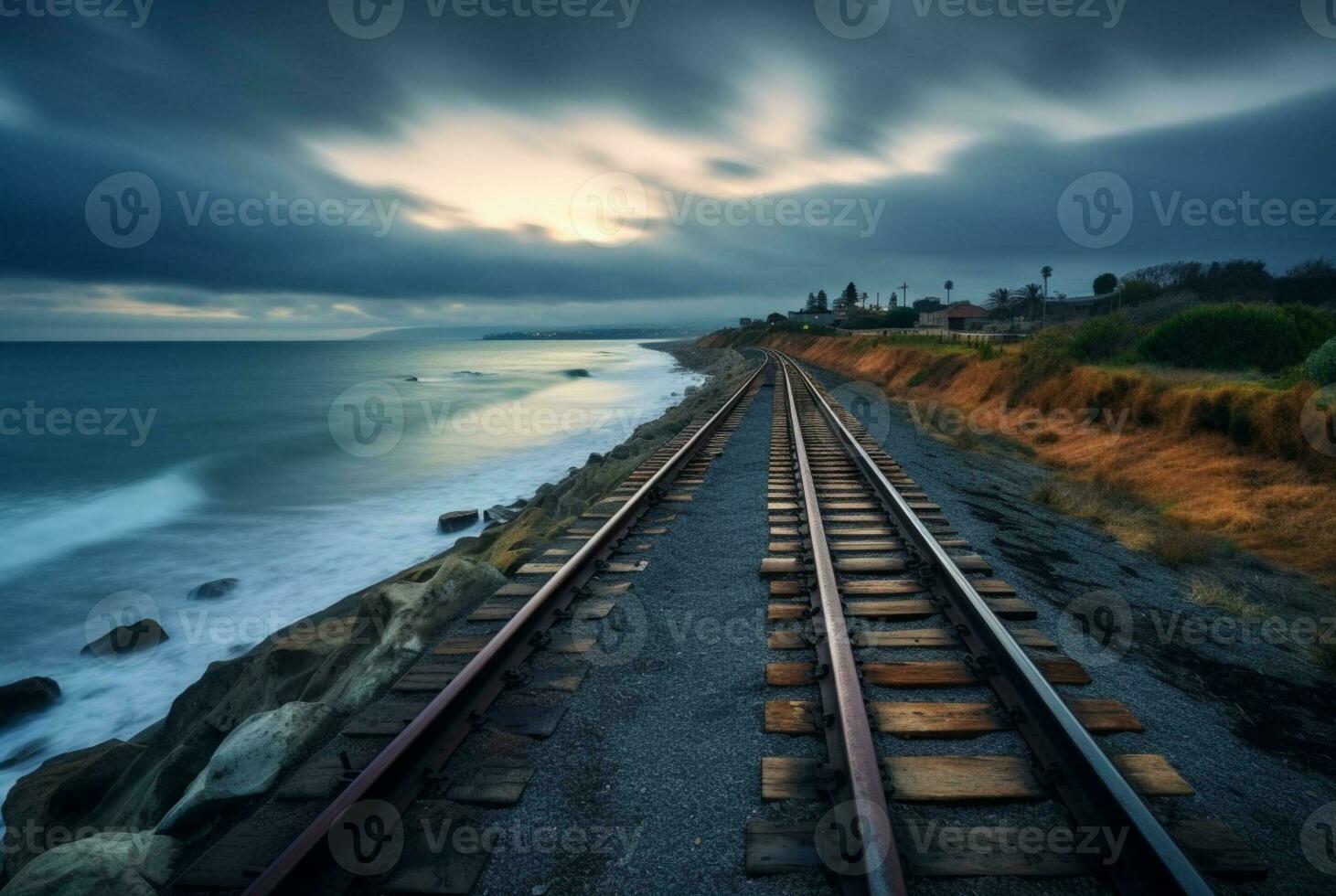 view of railroad tracks with beach. generative ai photo