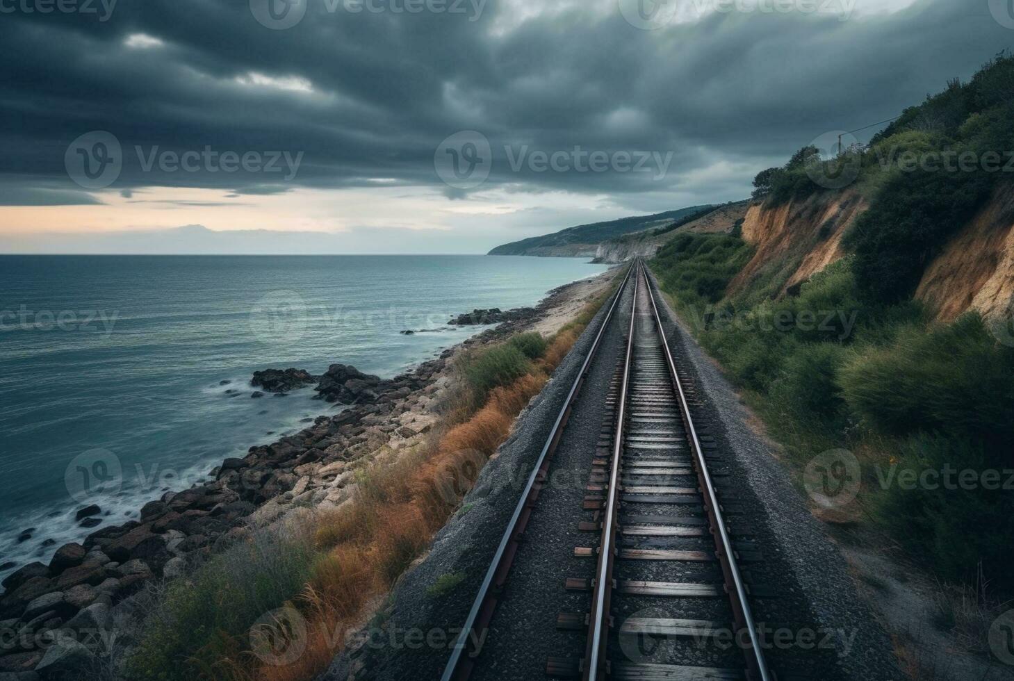 view of railroad tracks with beach. generative ai photo