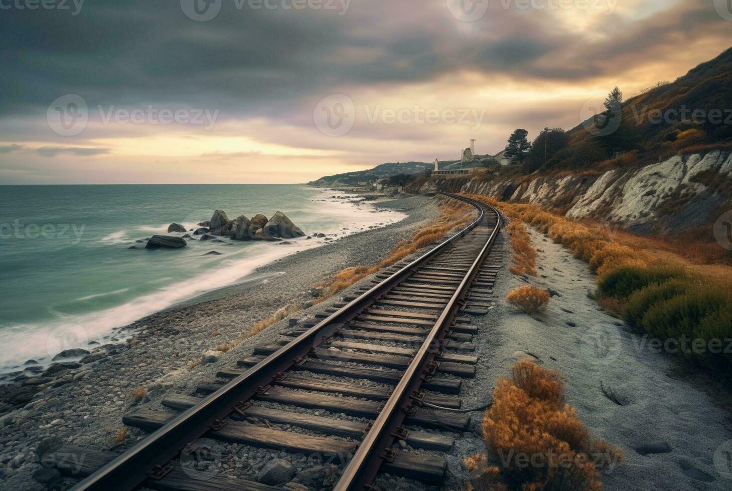 view of railroad tracks with beach. generative ai photo