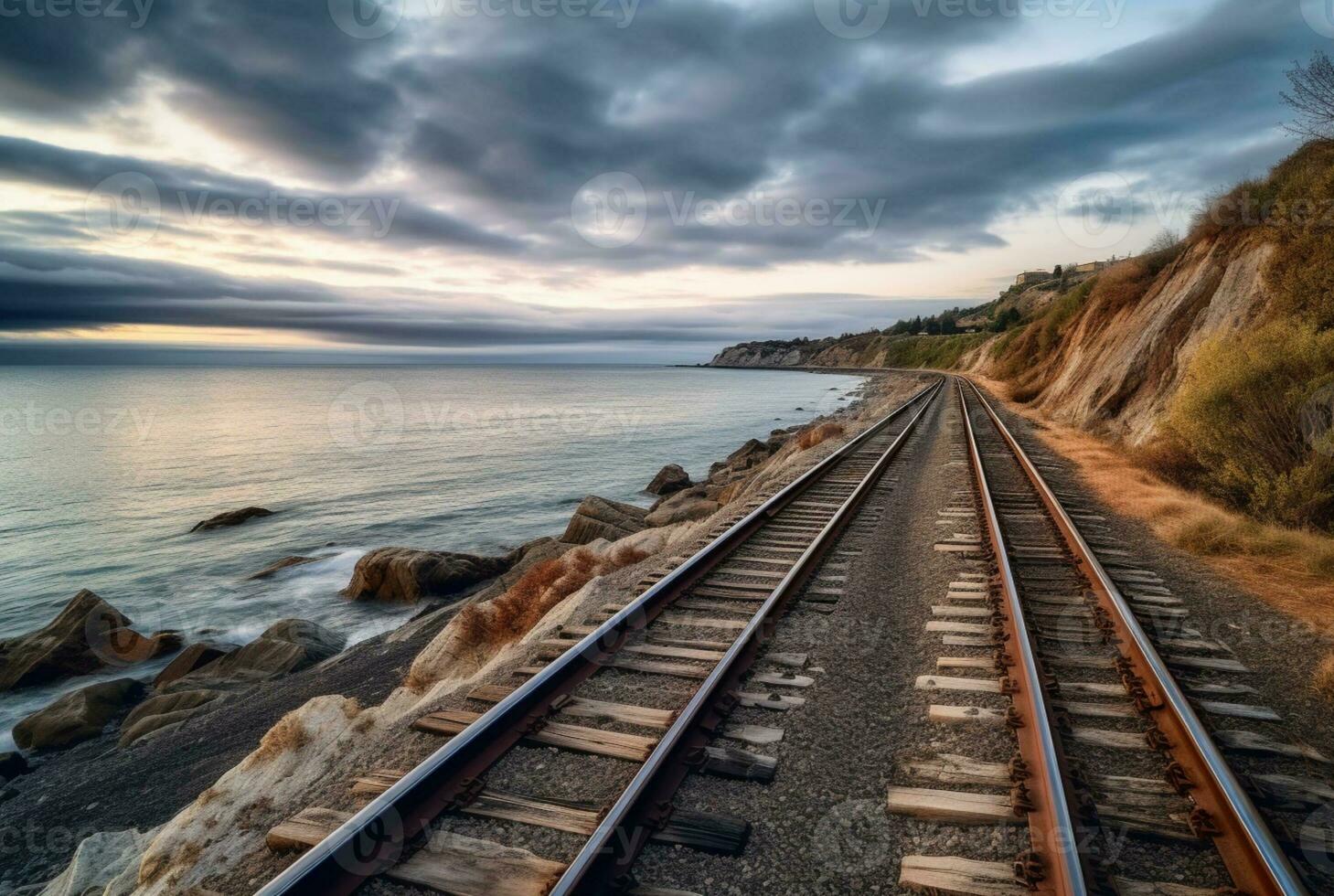 view of railroad tracks with beach. generative ai photo