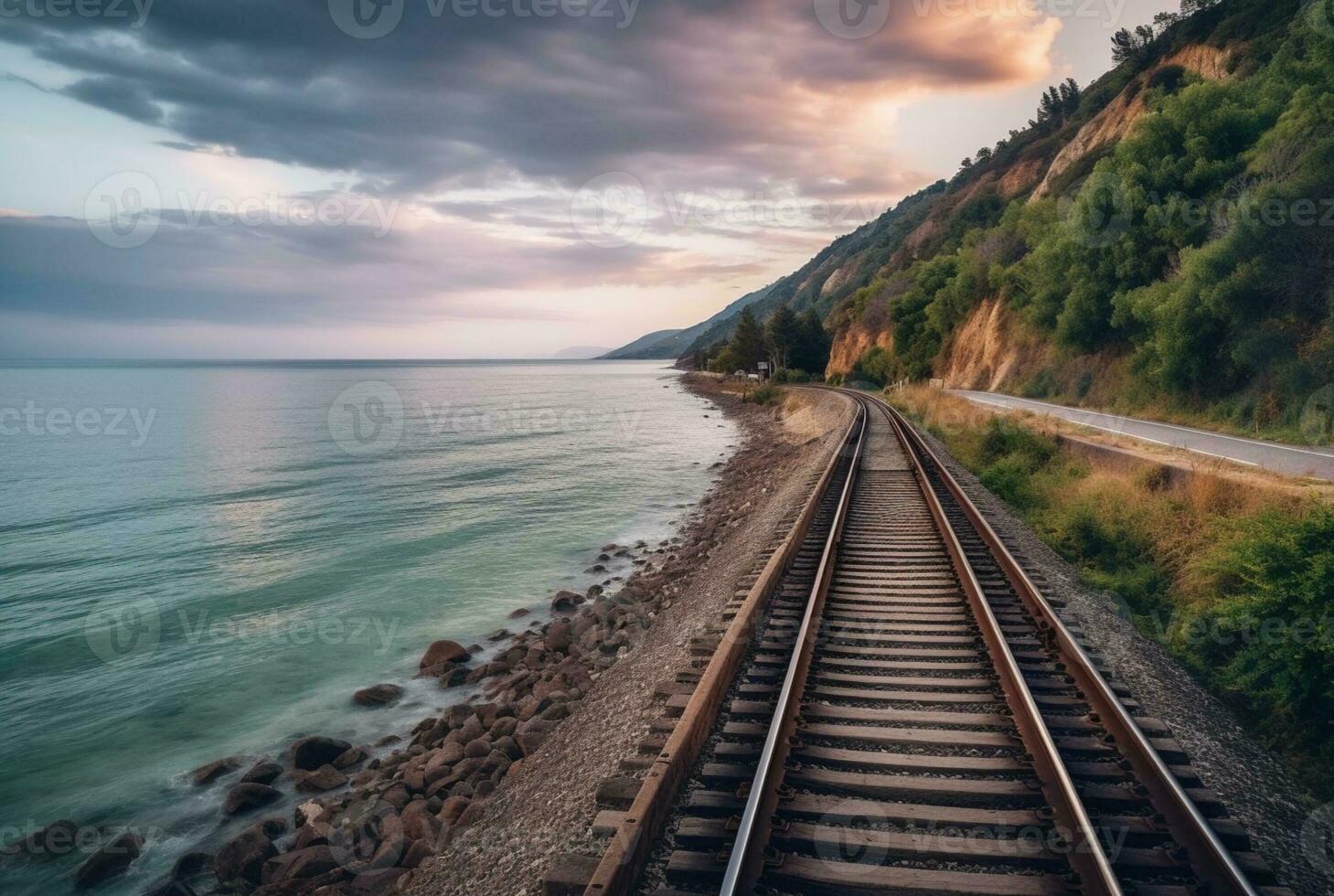 view of railroad tracks with beach. generative ai photo