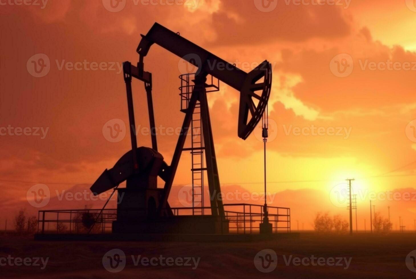 Crude oil pumpjack rig on desert silhouette in evening sunset, energy industrial machine for petroleum gas production background. generative ai photo