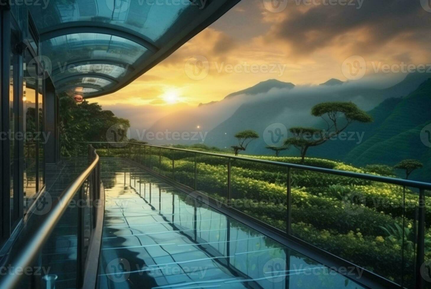 glass bridge over the tea garden with sunset view in the evening. generative ai photo