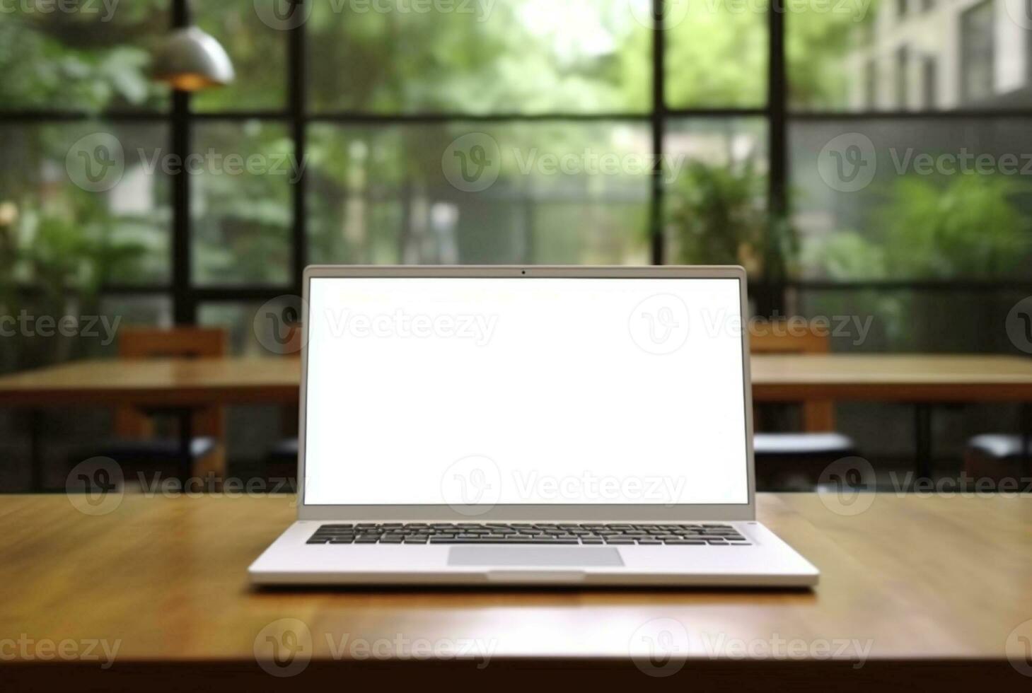 ordenador portátil con blanco pantalla en mesa con café tienda borroso antecedentes. generativo ai foto