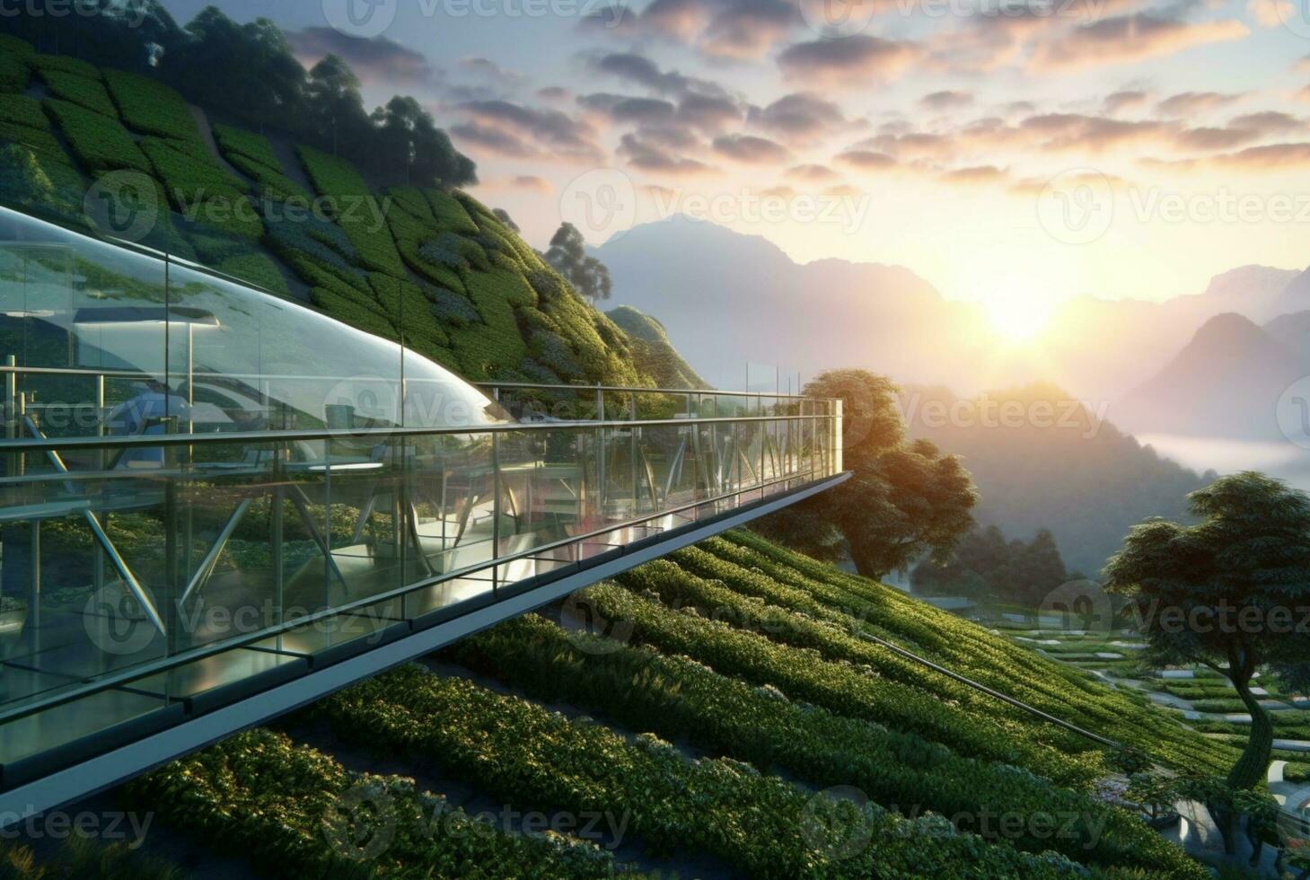 glass bridge over the tea garden with sunset view in the evening. generative ai photo