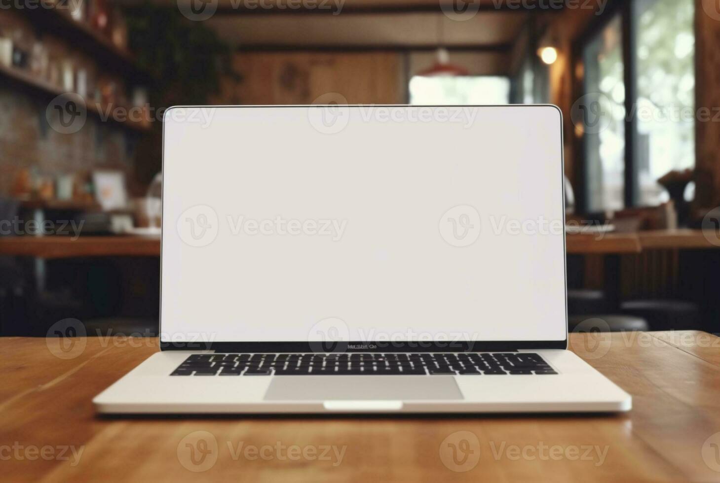 Laptop with blank screen on table with coffee shop blurred background. generative ai photo