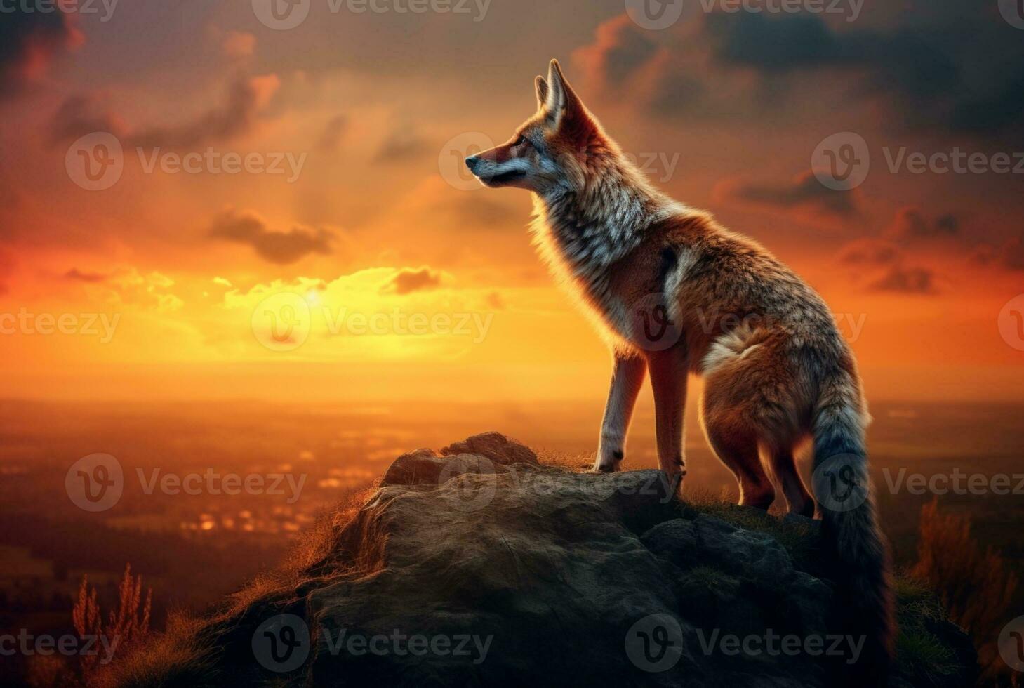 wolf on the hill with sunset view in the evening. generative ai photo