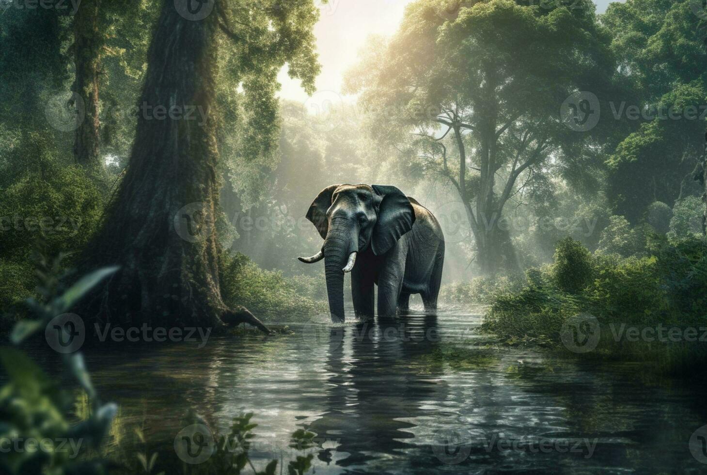 elephant in the river in the middle of the forest. generative ai photo