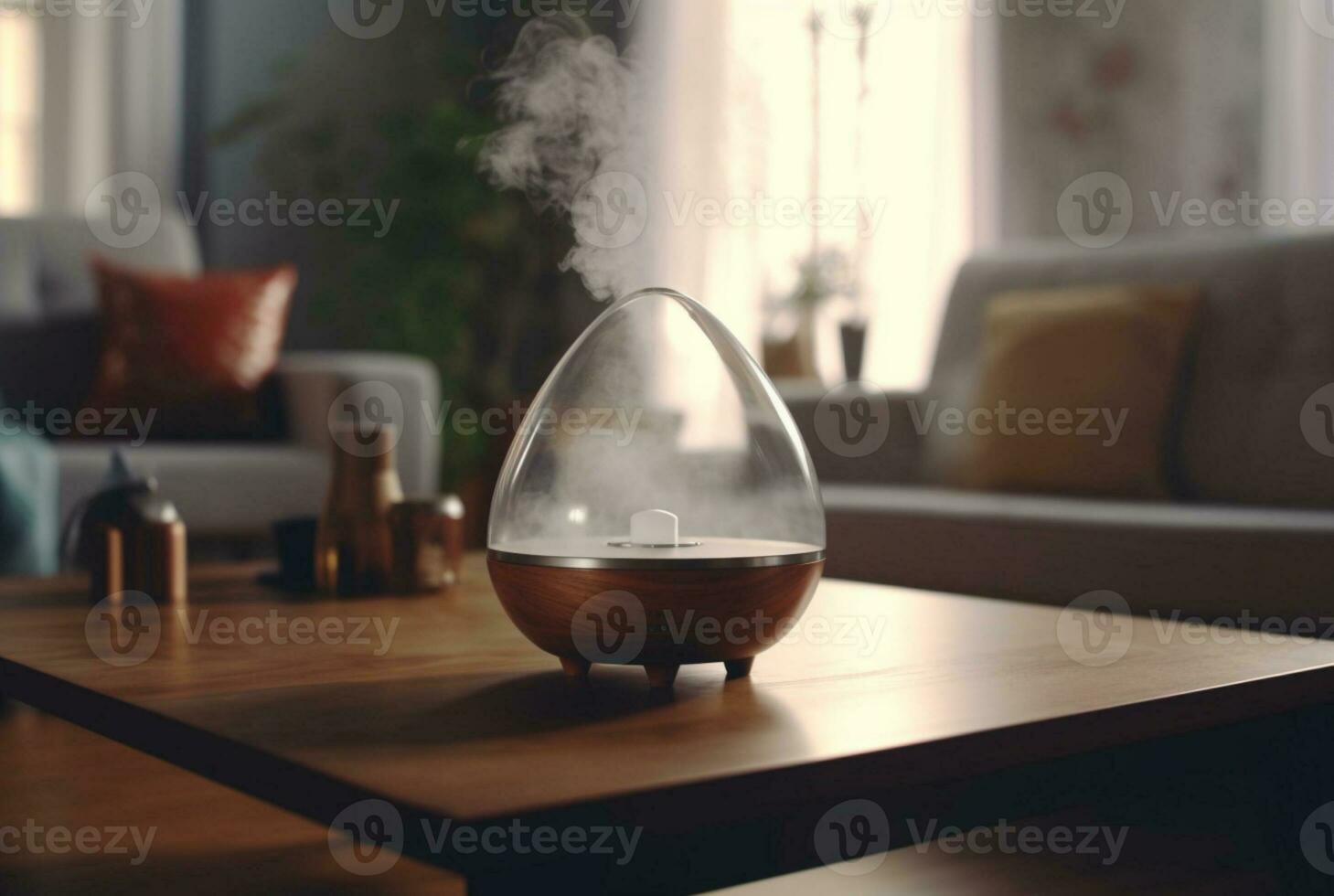 Modern air humidifier on table indoors. generative ai photo